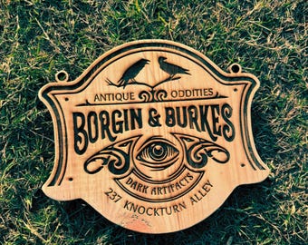 Letrero de madera hecho a mano / Decoración estilo mago oscuro de ‘Borgin & Burkes’ / Letrero rústico de fantasía para tienda