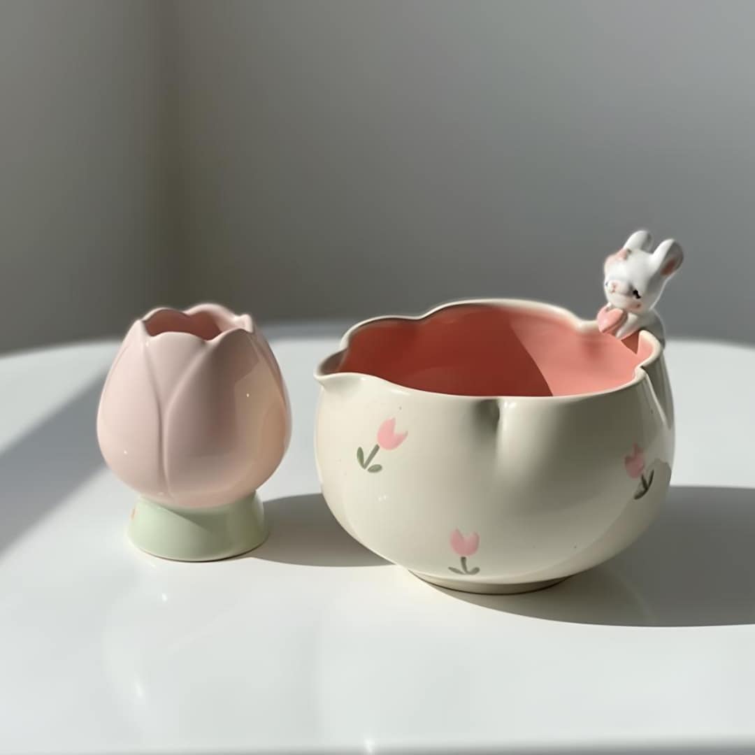 Handmade Bunny & Tulip Ceramic Matcha Set | Kawaii Cottagecore Tea Bowl