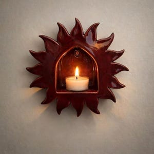 Portacandele da parete in ceramica color bordeaux, grande applique a forma di sole per lumini, decorazione murale in ceramica fatta a mano, applique portacandele in stile boho