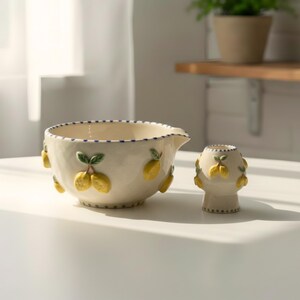 Handmade Lemon Matcha Bowl Set | 3D Sculpted Citrus Chawan | Unique Gift for Lemon Lovers | Mediterranean Style Ceramic Tea Kit with Spout