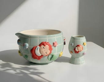 Kawaii matcha-komset · Handgemaakte keramische chawan · Dromerig oceaanmeisjesaardewerk · Anime Cottagecore-cadeau · Esthetische zeemeermin-theeset