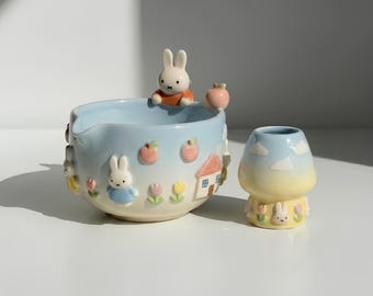 Pastel Bunny Matcha Bowl Set, Handmade Ombre Ceramic Chawan with Pouring Spout, Cute Rabbit Tea Set, Whisk Holder Gift