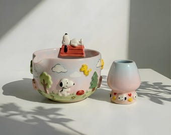 Conjunto de tigela de matcha artesanal em formato de cachorro, conjunto de chá matcha de cerâmica com suporte para batedor, presente fofo para amantes de matcha com formato de cachorrinho.