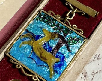Vintage Limoges Enamel Deer Dangle Brooch, Raised Glass Enamel Painting
