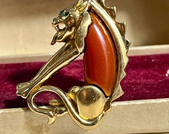 Sphinx Mythical Creature Brooch 1960s Gold Tone Orange Resin Figural Pin Vintage Jewelry