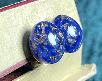 Vintage Murano Blue Aventurine Glass Clip Earrings Made in Italy Gold Fleck Art Glass 1960s