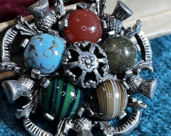 Vintage Miracle Scottish Thistle Brooch 1960s Celtic Agate Glass Brooch Scotland Style Pebble Jewelry