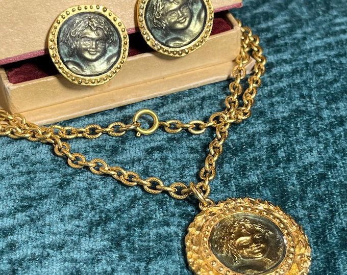 Jacques Esterel Angel Jewelry Set, Vintage French Cherub Necklace and Clip Earrings, 1960s Gold Tone Medallion Set