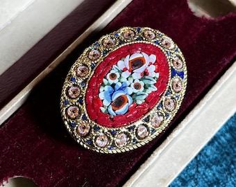 Vintage Italian Micro Mosaic Brooch Floral Millefiori Border Italy Oval Mosaic Brooch 1960s