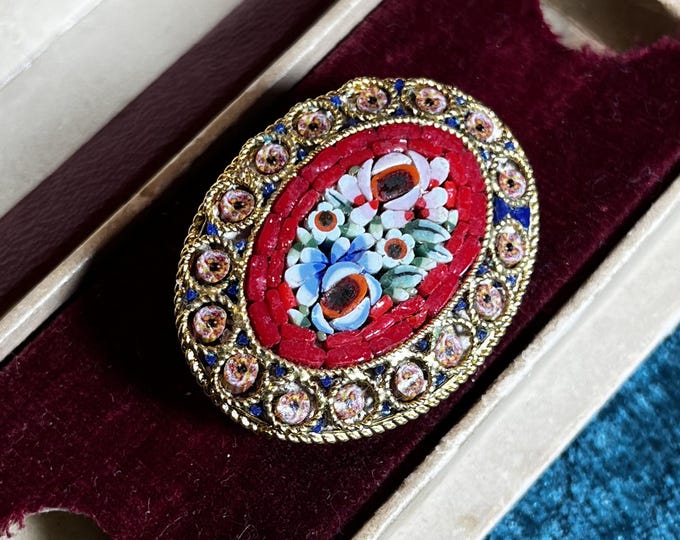 Vintage Italian Micro Mosaic Brooch Floral Millefiori Border Italy Oval Mosaic Brooch 1960s