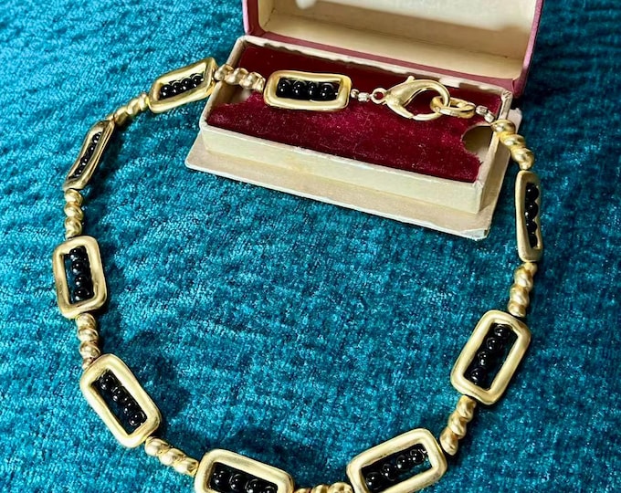 Vintage Marc Labat Paris Bracelet, Gold Tone Black Glass, 1980s Designer Jewelry