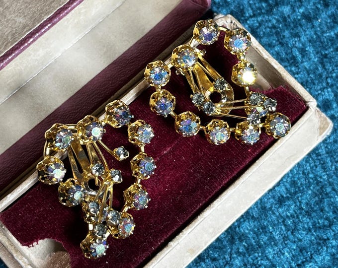 Vintage Austria Rhinestone Clip Earrings Aurora Borealis Crystal Dangle Earrings 1950s