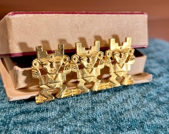 CCORI Gold-Tone Maya Totem Brooch, Vintage Peruvian Tribal Pin