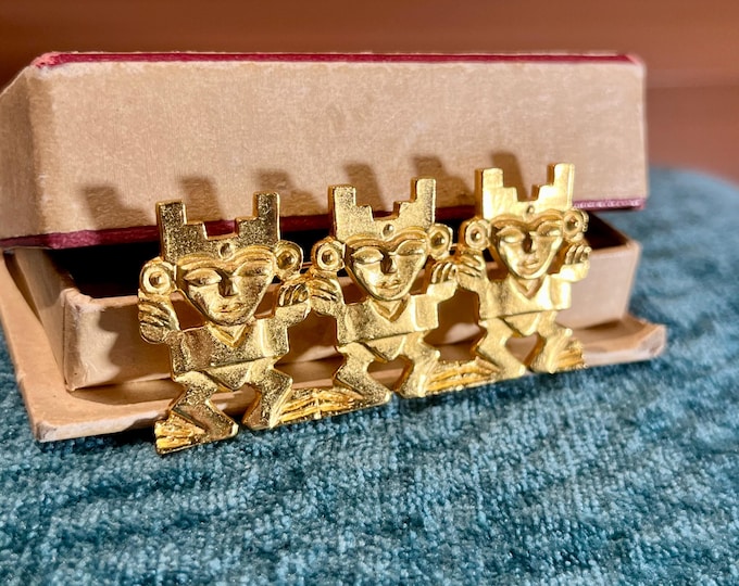 CCORI Peruvian Maya Totem Brooch, Vintage Museum Replica Tribal Pin, Gold Tone Pre-Columbian Inspired Collectible