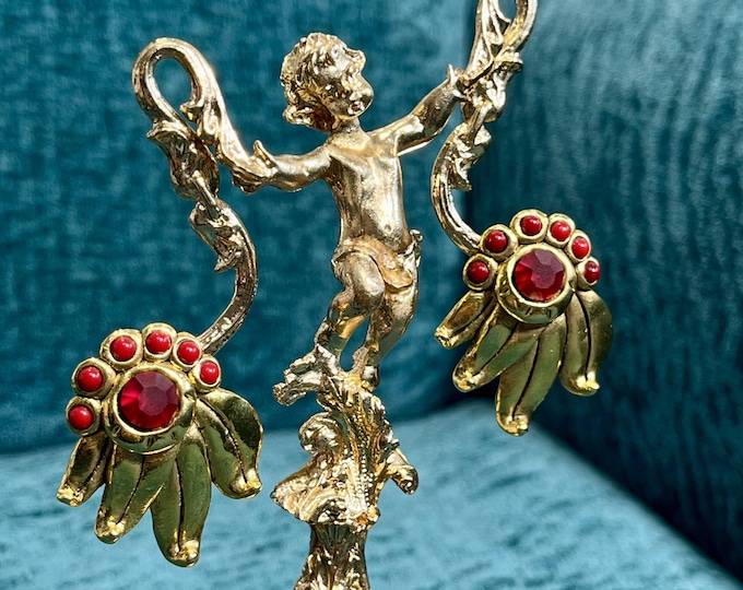 Vintage Taratata Clip On Earrings – Red Rhinestone Leaf, French Costume Jewelry