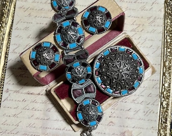 Vintage Miracle Celtic Jewelry Set Scottish Style Bracelet Brooch Clip Earrings Turquoise Glass