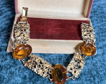 Sarah Coventry Amber Glass Bracelet, Vintage 1960s Chunky Textured Gold Tone Bracelet with Large Caramel Stones