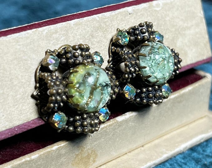 Vintage West Germany Art Glass Earrings: Green Foil Cabochon Rhinestone Clip-Ons