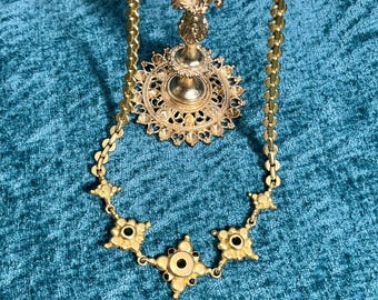 Orena Paris Cross Motif Necklace – Bezel Set Black Rhinestone French Vintage Costume Jewelry