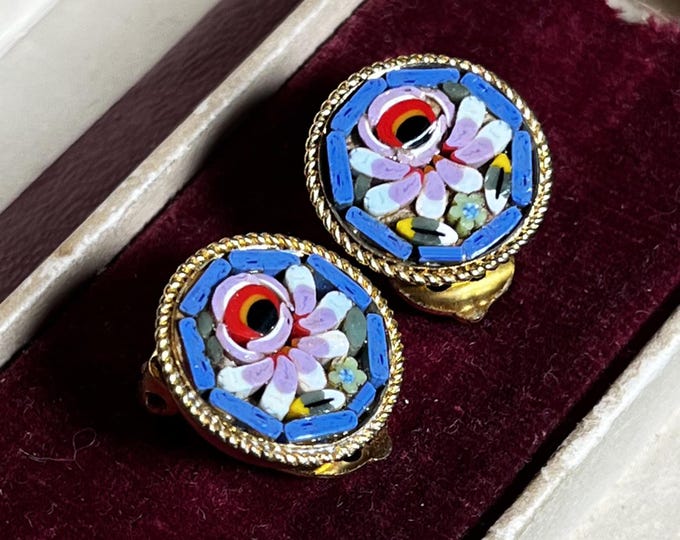Vintage Italian Micro Mosaic Clip-On Earrings Floral Micro Mosaic Italy Gold Tone Round Earrings