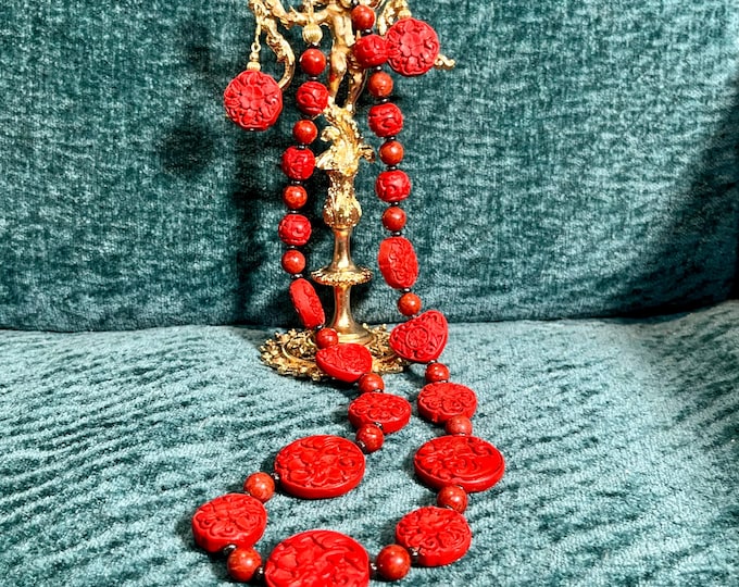 Vintage Chinese Carved Lacquer Necklace Earrings Set, Floral Relief Jewelry