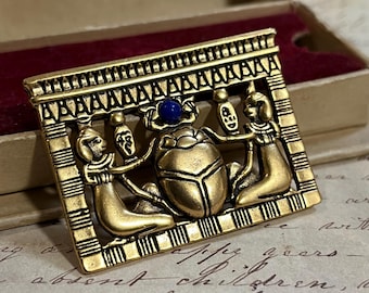 MAD Museum Egyptian Revival Scarab Brooch, Tutankhamun Inspired Gold Tone Jewelry