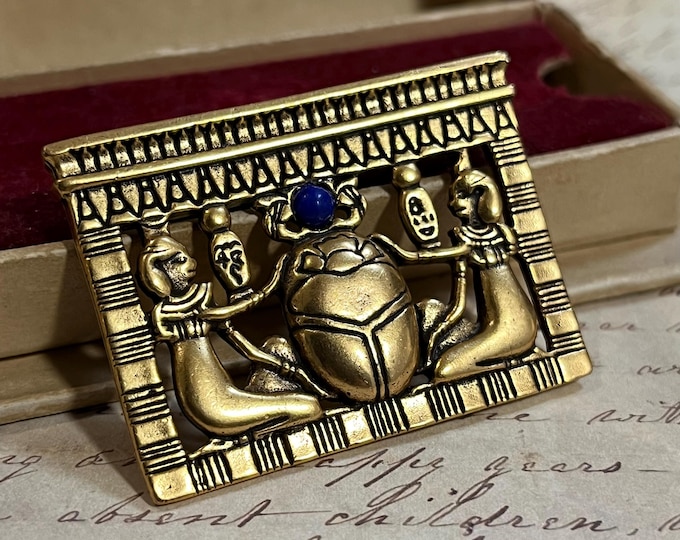 MAD Museum Egyptian Revival Scarab Brooch, Tutankhamun Inspired Gold Tone Jewelry