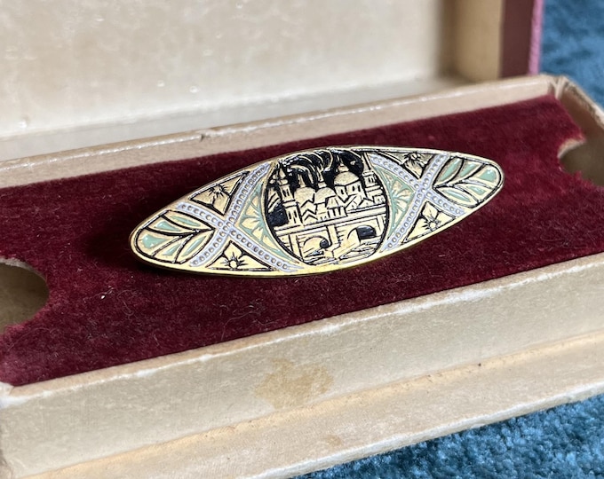 Vintage Toledo Damascene Scenic City Brooch, Spanish Toledo Black Gold Architecture Brooch, Art Nouveau Enamel Navette Pin