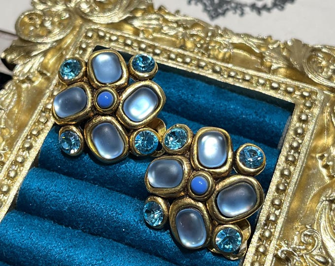 Vintage TARATATA Blue Flower Clip On Earrings French Designer Jewelry Art Glass Crystal Earrings