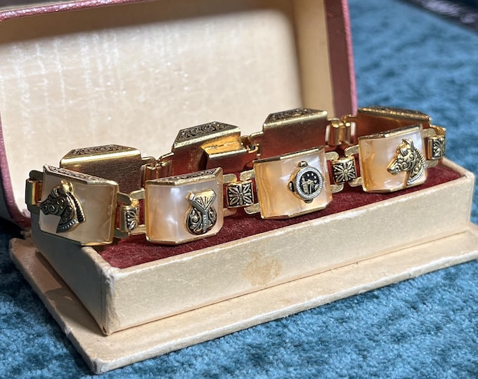 Vintage Toledo Inspired Bracelet, Spanish Damascene Style Resin Panel Link Bracelet, Lightweight Gold Tone 1970s Jewelry