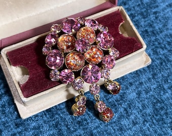 Vintage 80s Austrian Brooch . Pink Rhinestone & Art Fire Opal Glass Tassel . Statement Brooch