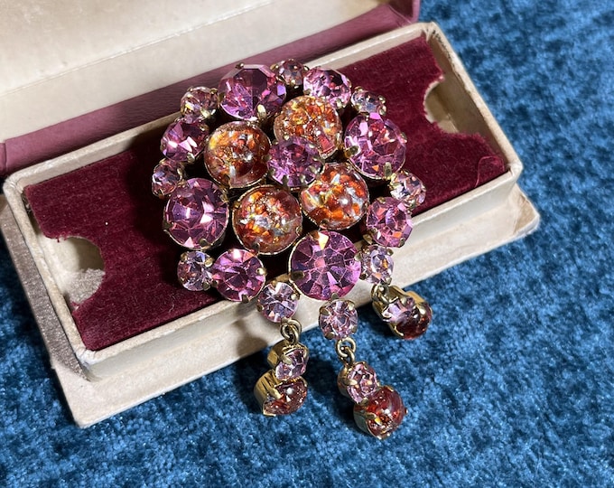Vintage 80s Austrian Brooch . Pink Rhinestone & Art Fire Opal Glass Tassel . Statement Brooch