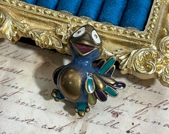 Vintage Scooter Paris Enamel Bird Brooch French Colorful Enamel Cartoon Bird Jewelry 1980s Animal Brooch