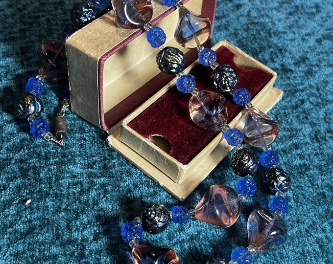 Vintage Murano Glass Beaded Necklace Italian Lampwork Art Glass Blue Pink Beads 1960s
