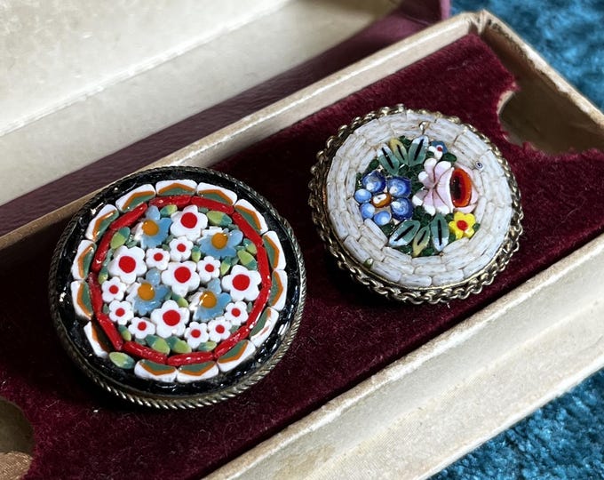 Vintage Italian Micro Mosaic Brooch Set Floral Millefiori Glass Mosaic Brooch Italy 1950s 1960s Mosaic Jewelry Pair
