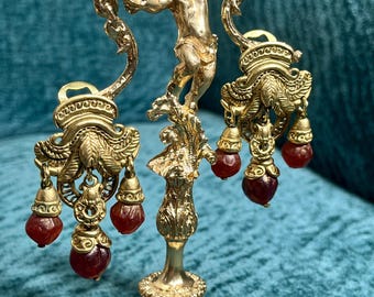 Vintage Chorange Clip Earrings – Gold & Berry Red French Costume Jewelry