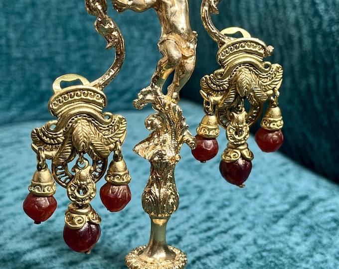 Vintage Chorange Clip Earrings – Gold & Berry Red French Costume Jewelry