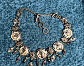 ENTRE GUILLEMETS Vintage 1990s Bohemian Tassel Necklace, Cream Enamel & Brown Rhinestone, French Art Jewellery