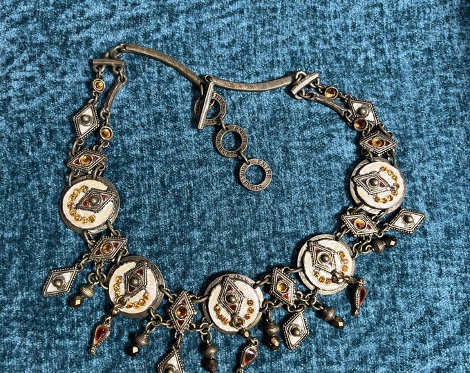 ENTRE GUILLEMETS Vintage 1990s Bohemian Tassel Necklace, Cream Enamel & Brown Rhinestone, French Art Jewellery
