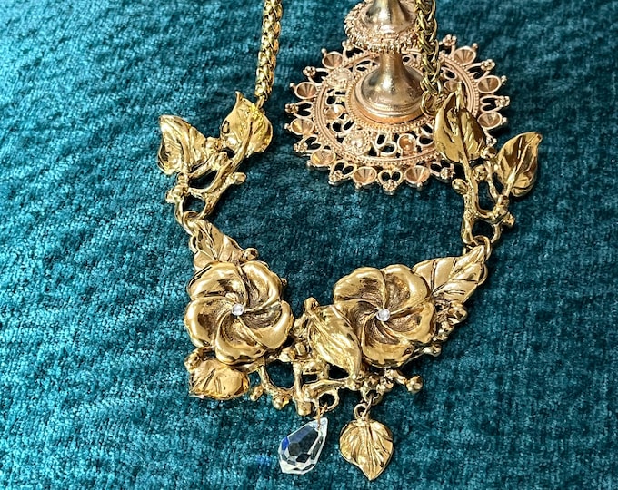 Micris Floral Gold Necklace, French Vintage Statement Necklace, 1980s Paris Gold Plated Flower Necklace with Crystal Drop