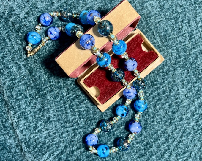 Vintage Murano Glass Bead Necklace Blue Venetian Art Glass Beaded Necklace 1970s Italian Glass Jewelry