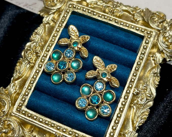 Shalala Paris Peacock Rhinestone Floral Earrings Vintage Blue Green Statement Earrings