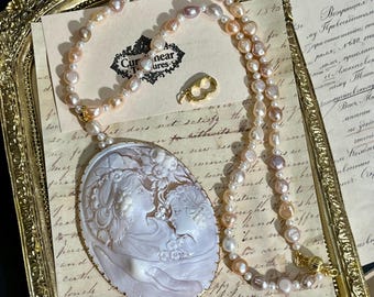 Mother and Child Cameo Pearl Necklace Removable Pendant Vintage Cameo Handmade Necklace 925 Silver Gilt Clasp