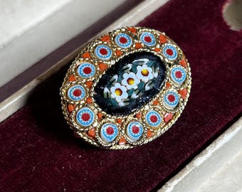 Vintage Italian Micro Mosaic Brooch Millefiori Border Floral Mosaic Brooch Italy 1960s