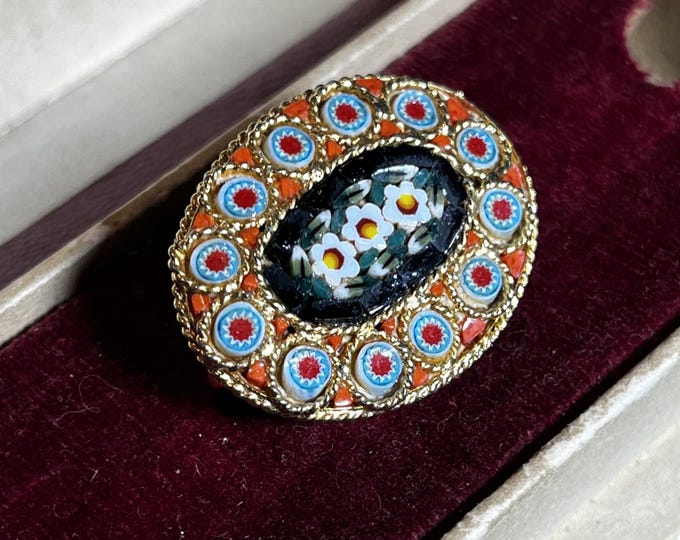 Vintage Italian Micro Mosaic Brooch Millefiori Border Floral Mosaic Brooch Italy 1960s