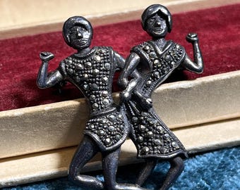 Vintage 1980s Gemini Zodiac Brooch . 925 Silver . Marcasite Inlay . Celestial Astrology Jewelry