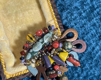 Chipita Vintage 1990s Bohemian Tassel Brooch, Natural Stone & Glass Pin, Handcrafted Statement Jewelry