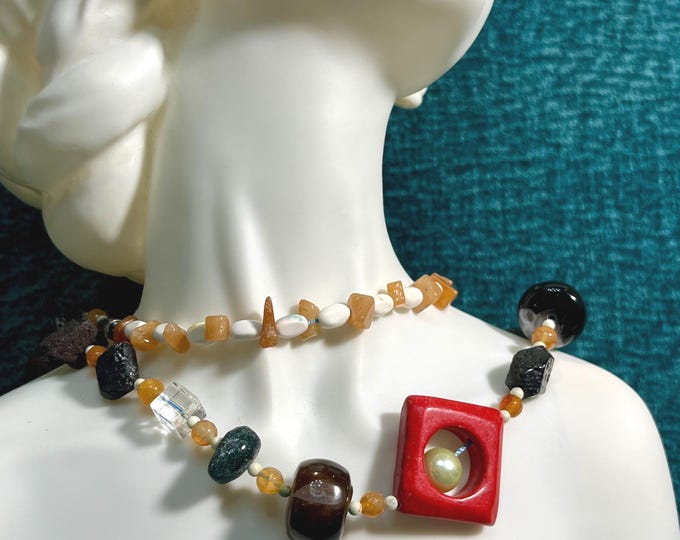 Vintage Bohemian Natural Stone Necklace, Goldstone Agate Crystal Lava