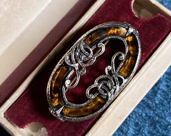 Vintage Celtic Brooch, Miracle Style Amber Glass Pin, 1960s Revival Jewelry