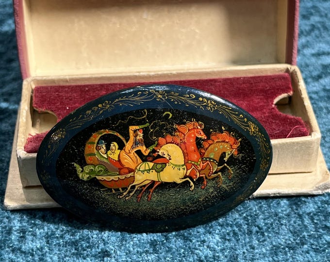 Russian Lacquer Brooch . 1970s Hand-Painted Wooden Pin . Signed Vintage Russian Lacquer Art